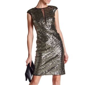 Nicole Miller Sexy Sequin Illusion Gold Cocktail Party Dress Size 6
